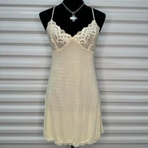 90s Made in Brazil Dainty Cream Lace Micro Mesh Slinky Slip Dress